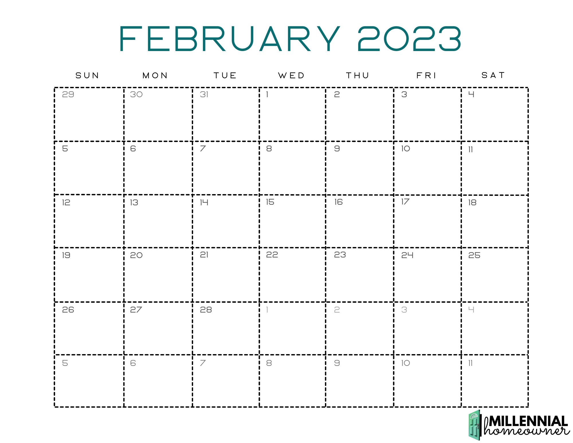 Free February Calendar Printable 2023 Millennial Homeowner